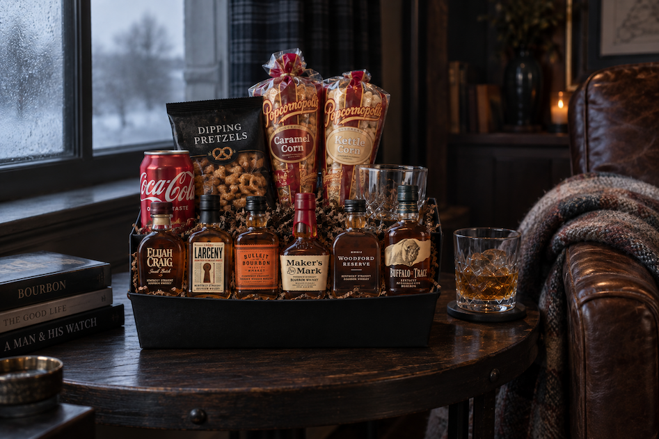 Bourbon and a fall cocktail beside a leather chair