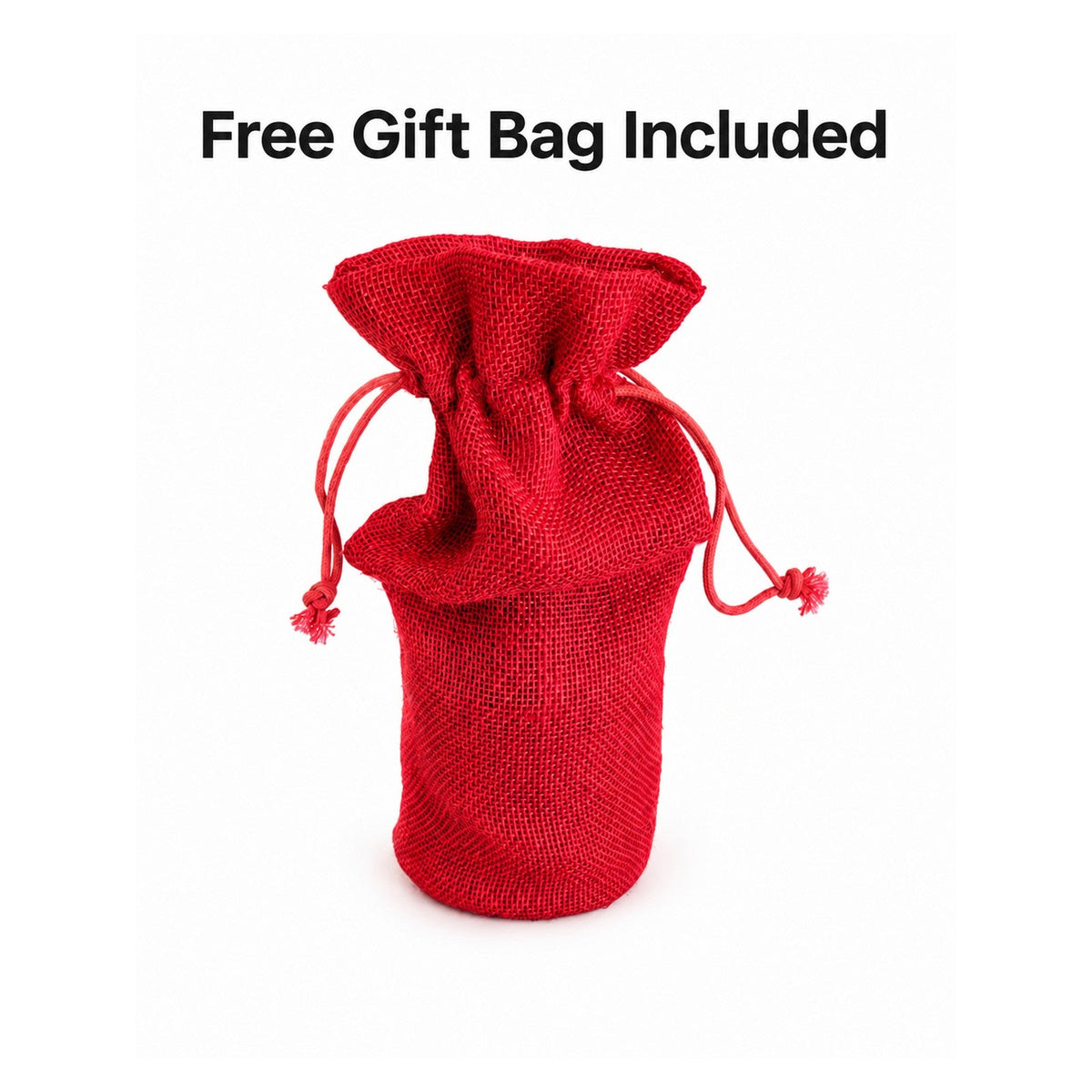 Free gift bag included - red woven jute drawstring bag with every engraved bottle