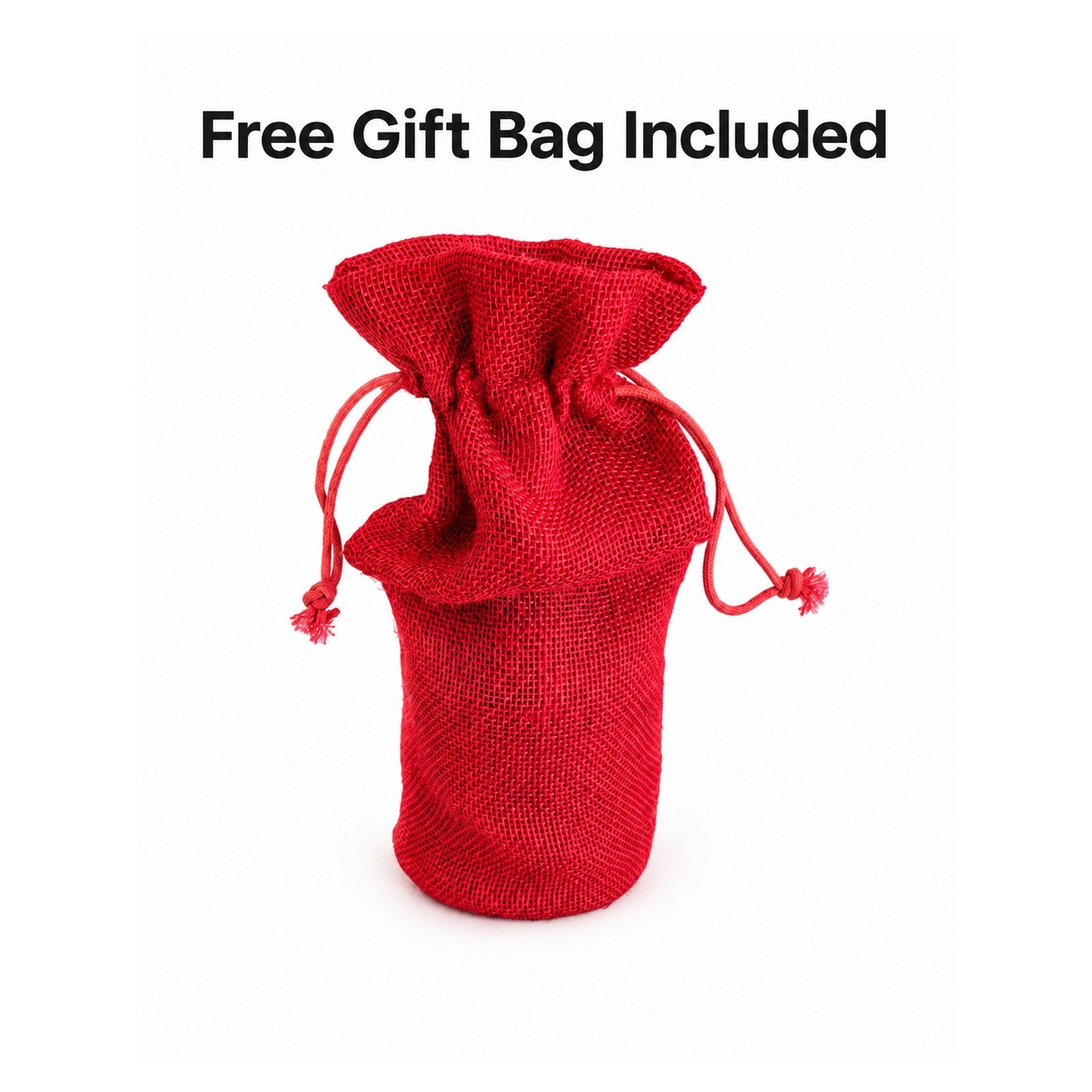 Free gift bag included - red woven jute drawstring bag with every engraved bottle